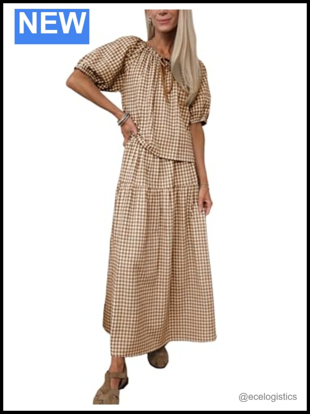 2 Piece Gingham Plaid Puff Sleeve Top Tiered Maxi Skirt Set Cotton Loungewear